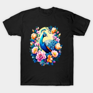 A Cute Peacock Surrounded by Bold Vibrant Spring Flowers T-Shirt